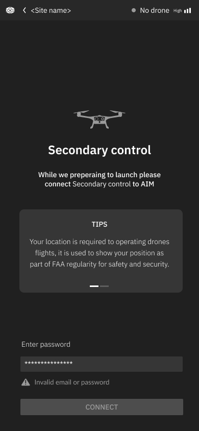 Secondary control — password entry with invalid credential state